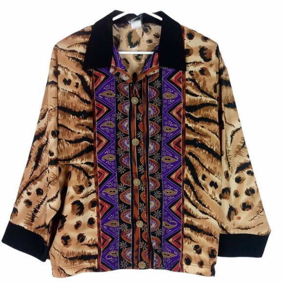 Vintage Blouse Womens M Maximalist Leopard Paisley Art to Wear 80s Button Up - Picture 1 of 7